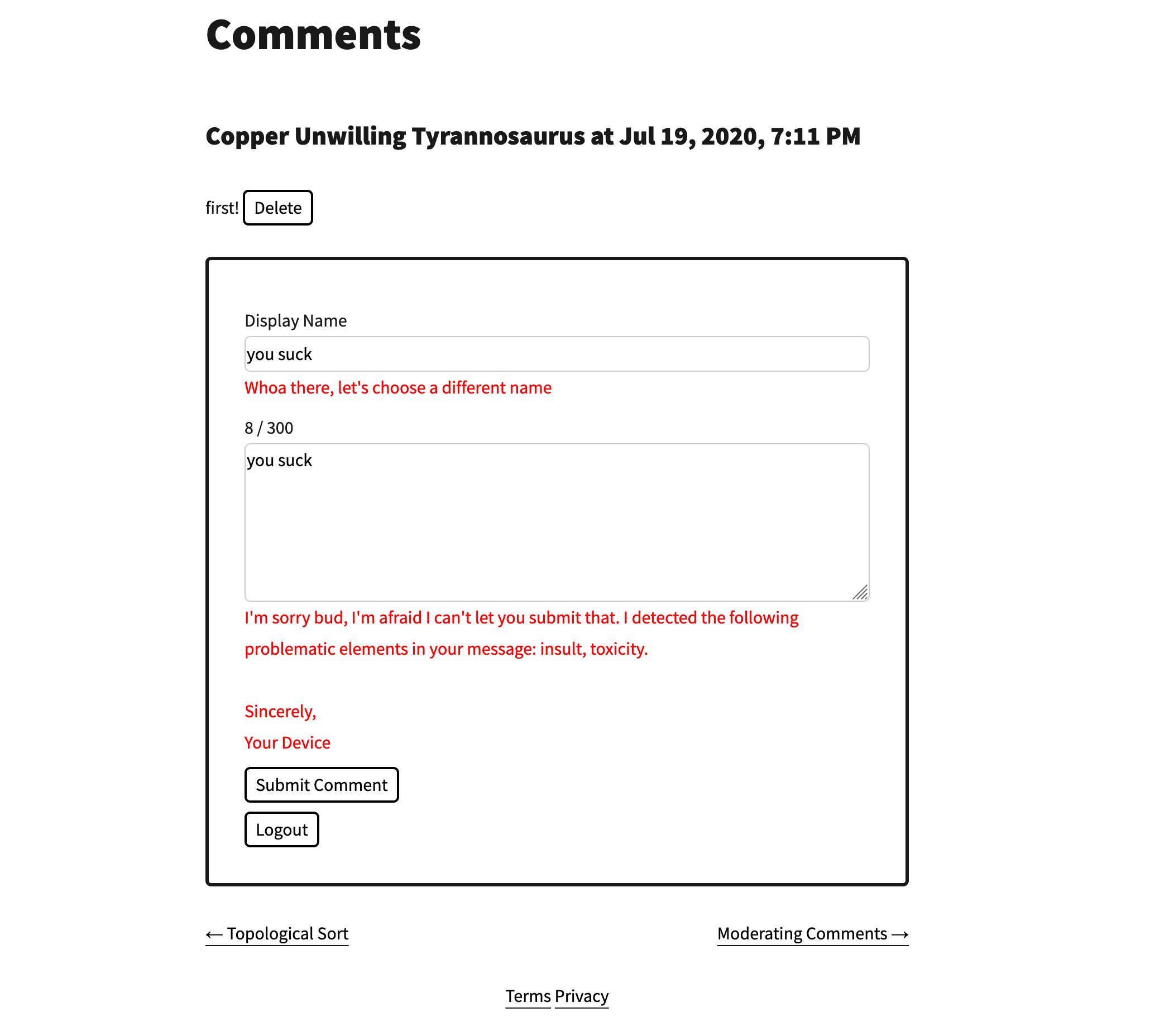 Comment composed with a toxic display name is still denied submission